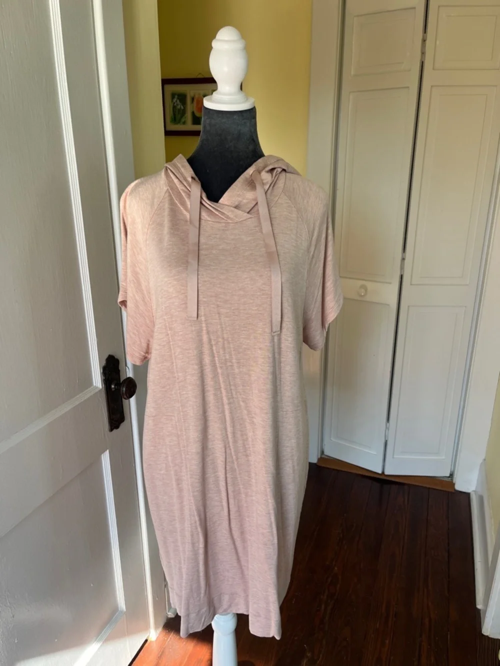Loft Light Pink Hooded T-Shirt Dress With Ribbon Strings - Picture 2 of 7